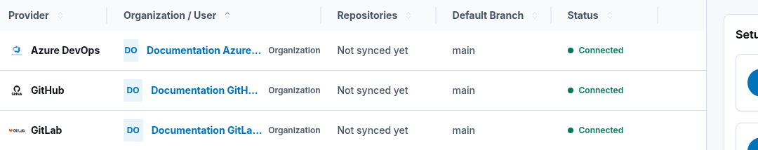 Synthetic connected Git account table with provider, owner type, status, and row actions