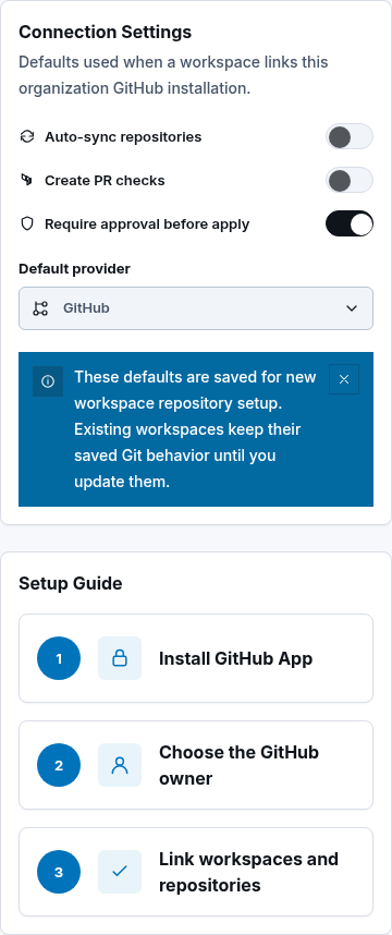 Git Integration settings sidebar used for newly linked GitLab repositories