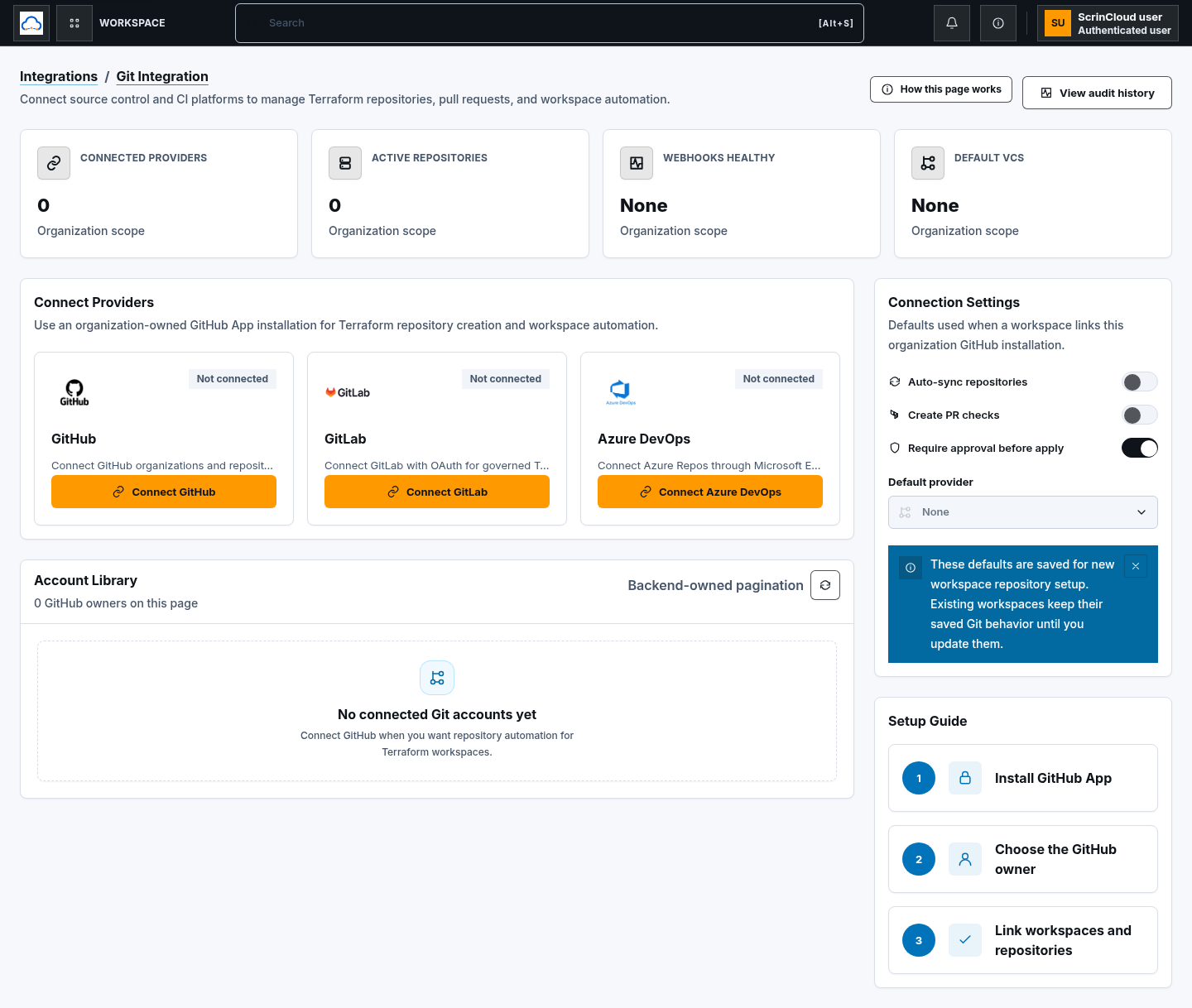 Git Integration workspace with the GitLab connection action available