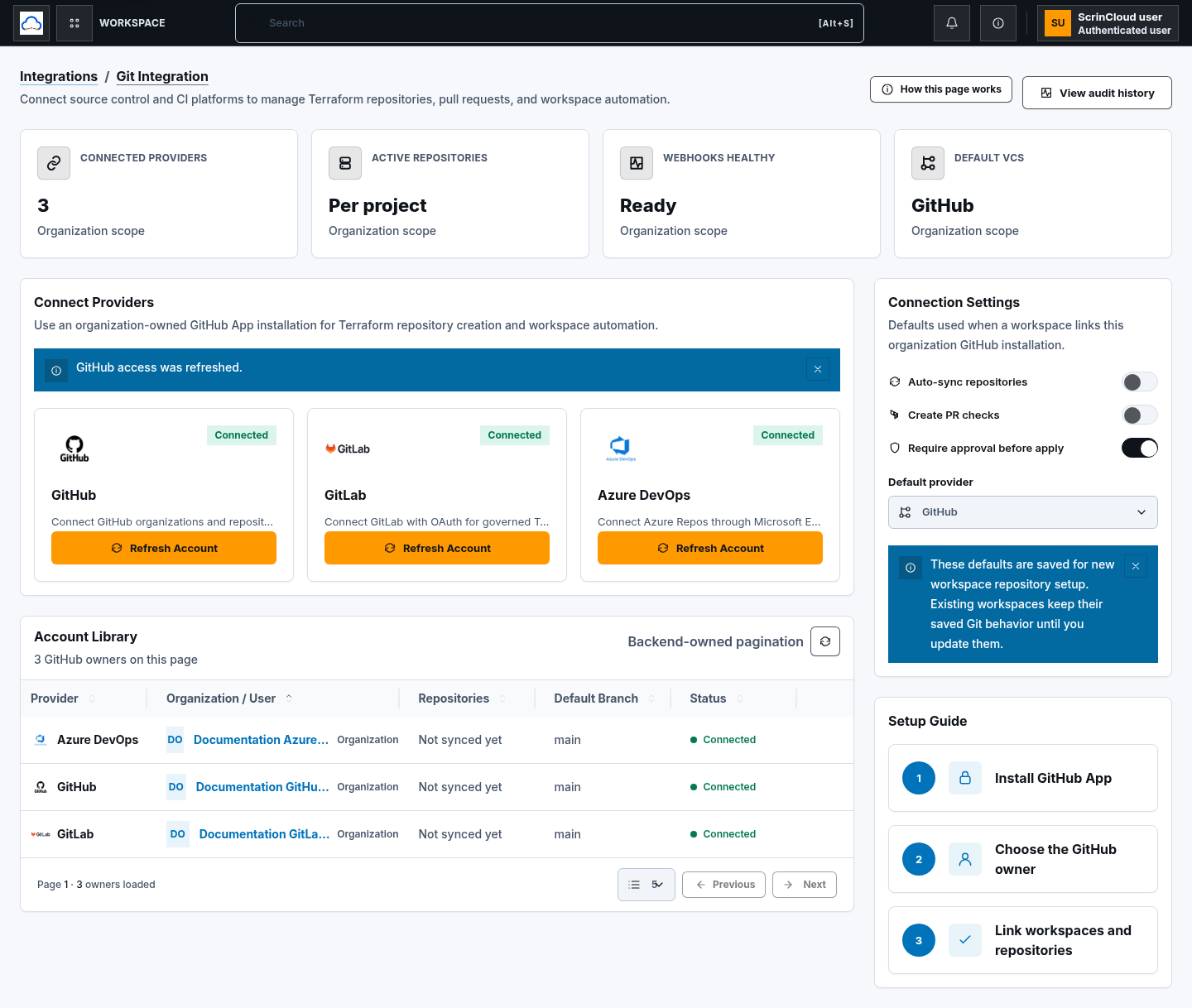 Git Integration workspace confirming a documentation-only GitHub access refresh