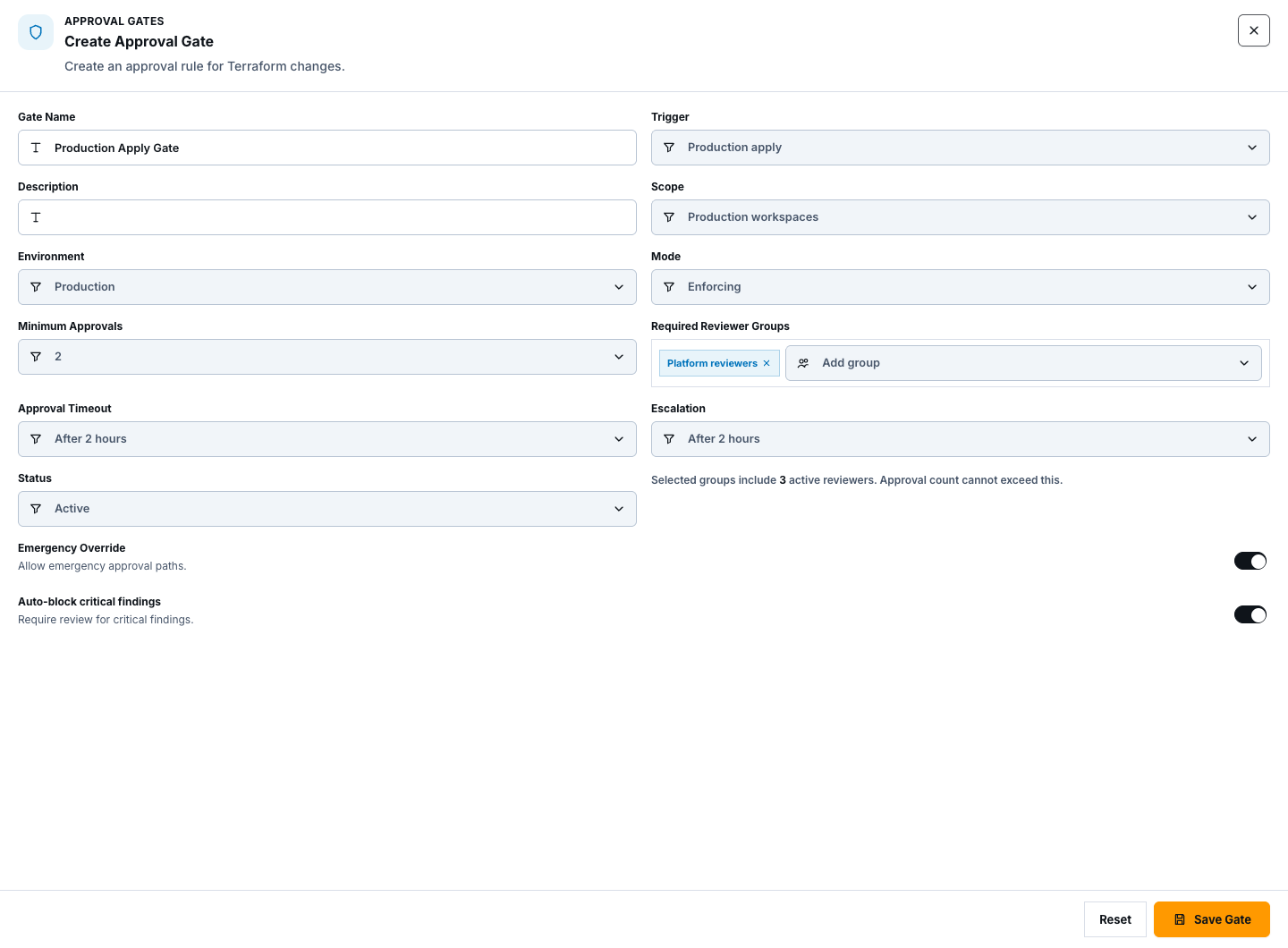 Create Approval Gate form with synthetic production trigger, scope, environment, and enforcing mode