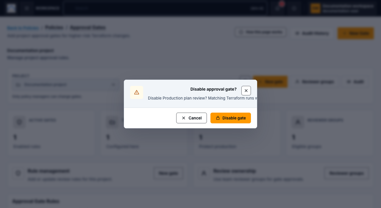 Disable approval gate confirmation dialog for a synthetic production plan review with cancel and disable actions