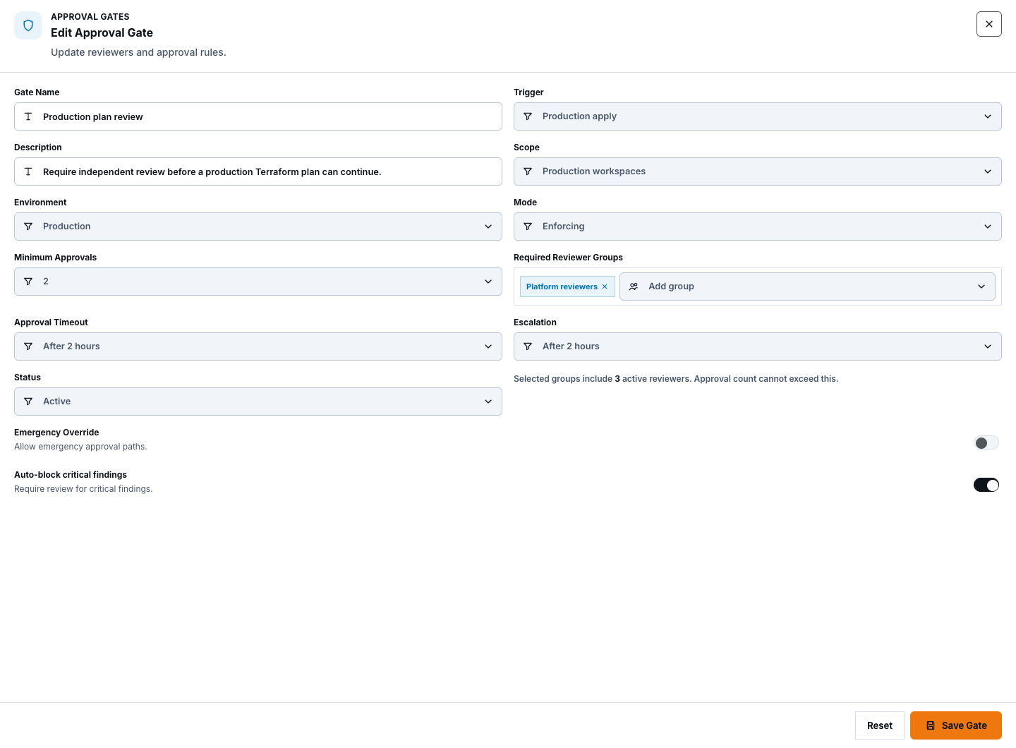 Edit Approval Gate form with synthetic existing scope, reviewers, approvals, and save control