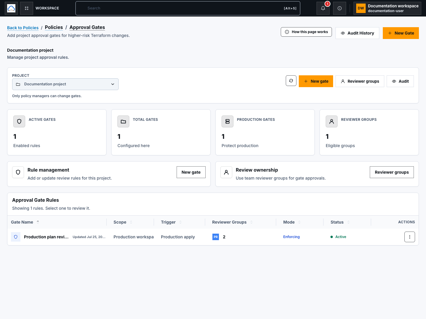 Approval Gates workspace with a synthetic selected project, readiness metrics, reviewer group action, and one active rule