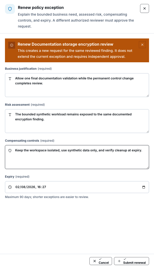 Renew policy exception drawer for a synthetic documentation encryption review