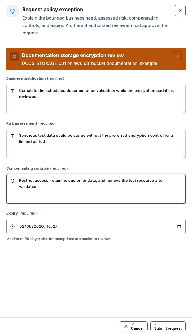 Request policy exception drawer for a synthetic documentation encryption review