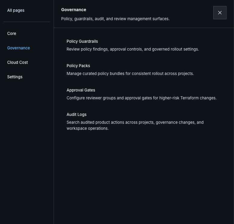 Workspace navigation filtered to Governance with Policy Guardrails, Policy Packs, Approval Gates, and Audit Logs