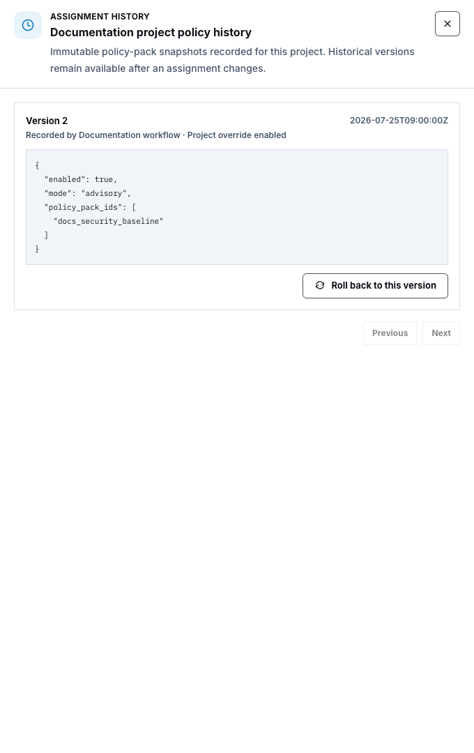 Synthetic documentation project policy history with an immutable version and rollback control