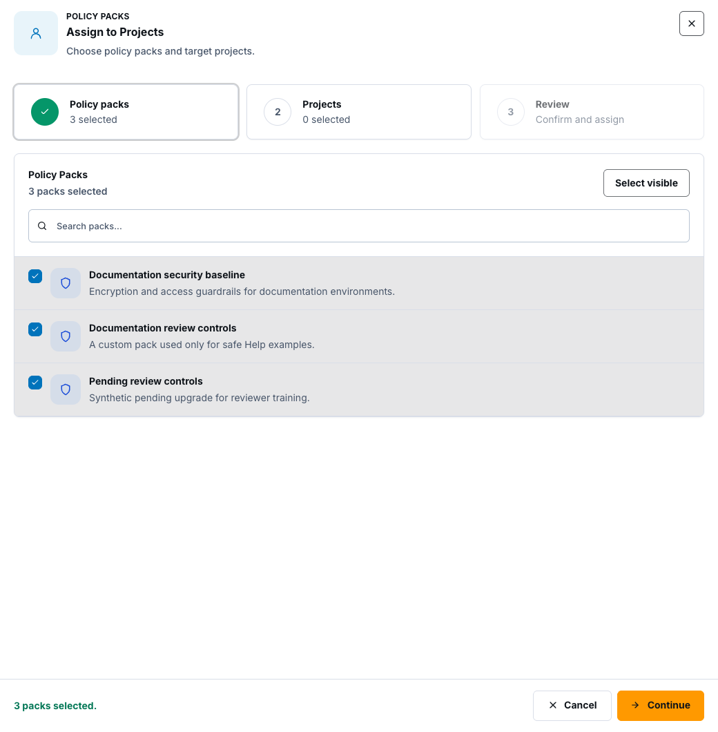 Assign to Projects drawer with three synthetic policy packs selected