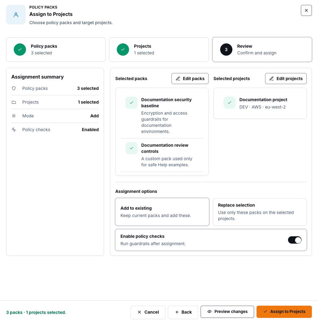 Assign to Projects review with synthetic packs, project, assignment options, and Preview changes control