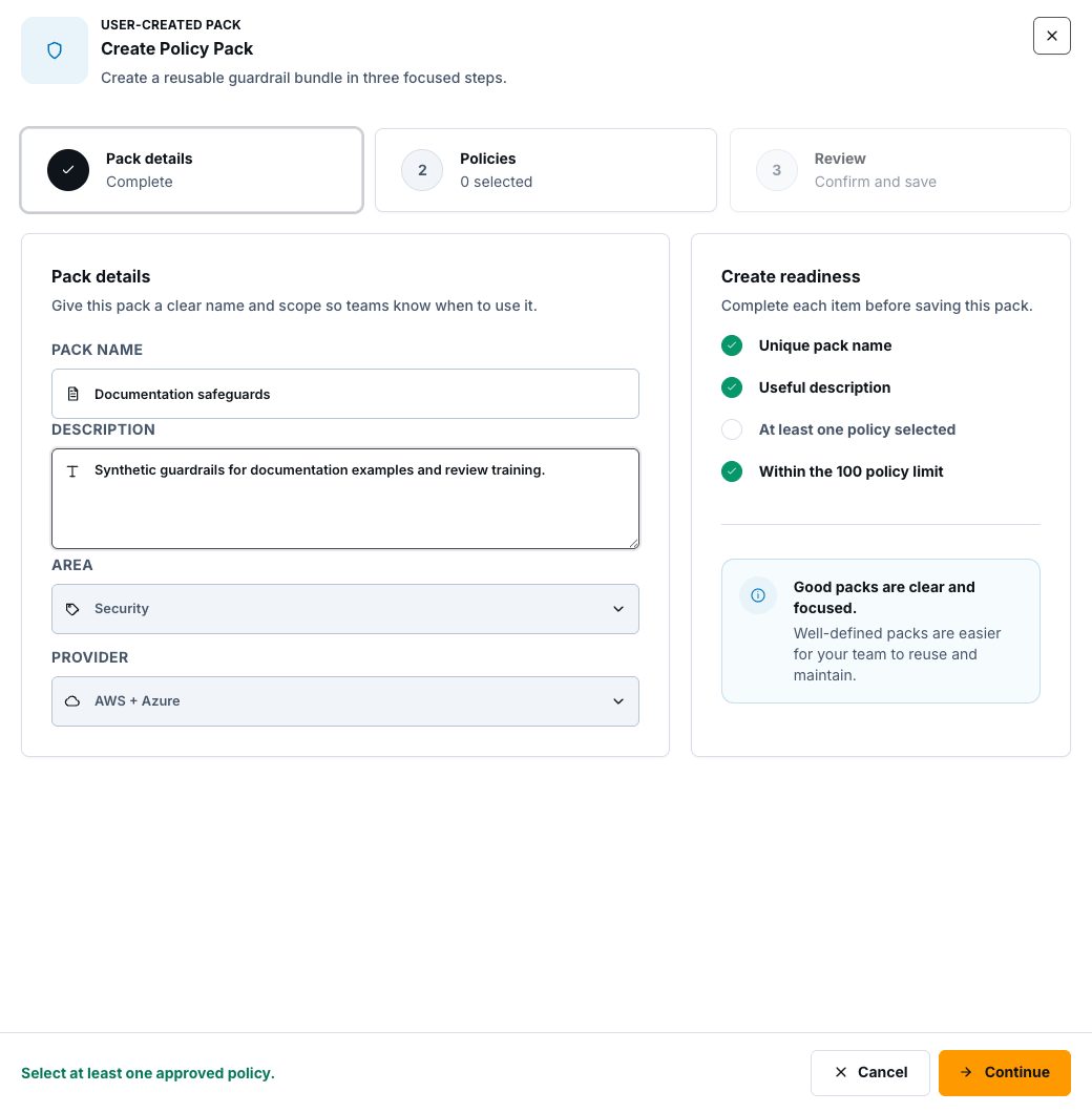 Create Policy Pack drawer with synthetic documentation safeguards details