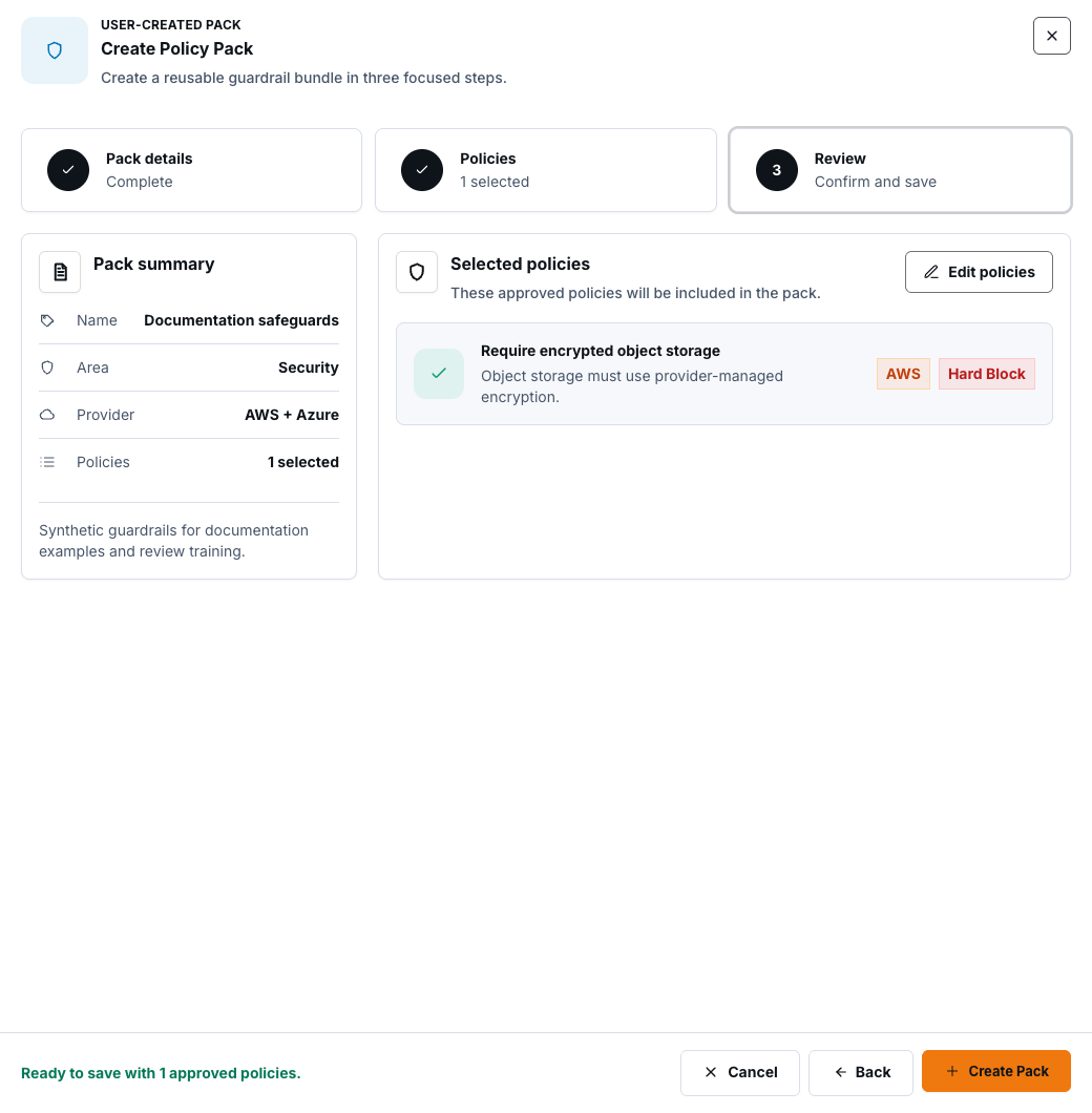 Create Policy Pack review with a synthetic documentation encryption policy selected