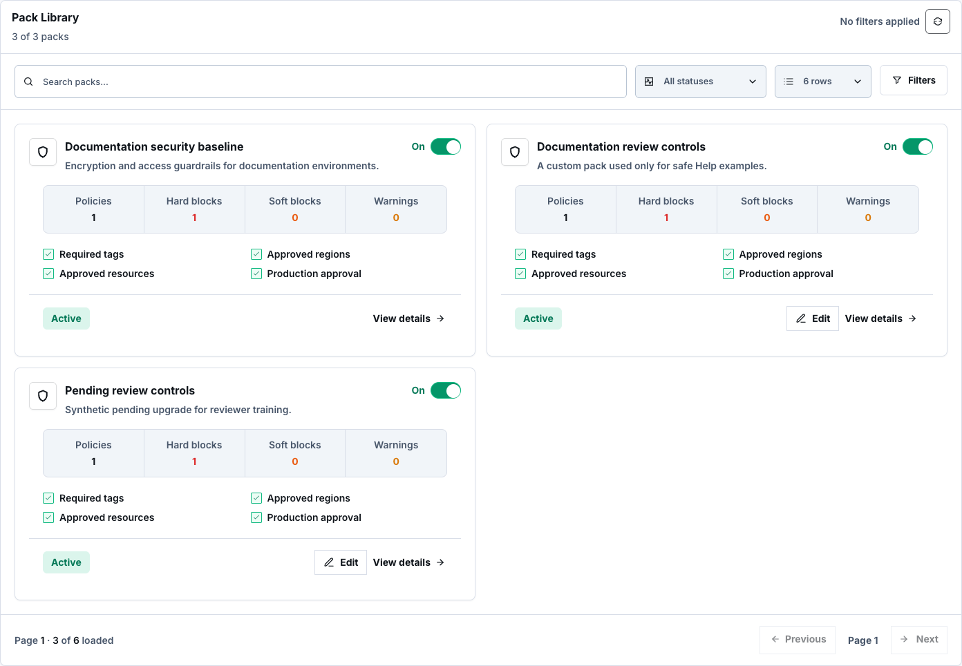 Policy Pack Library with synthetic built-in and custom documentation packs