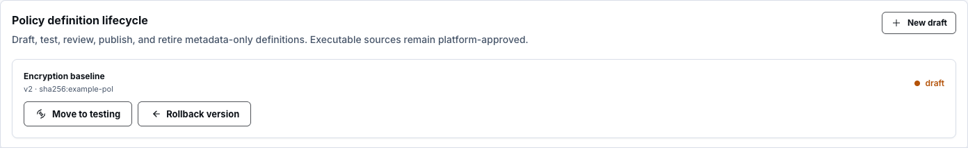 Synthetic draft policy definition row with version, digest, and Move to testing next action