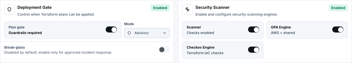 Deployment Gate and Security Scanner controls with synthetic advisory mode and enabled scanner engines