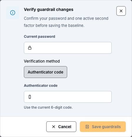 Guardrail change verification dialog with empty password and authenticator code fields