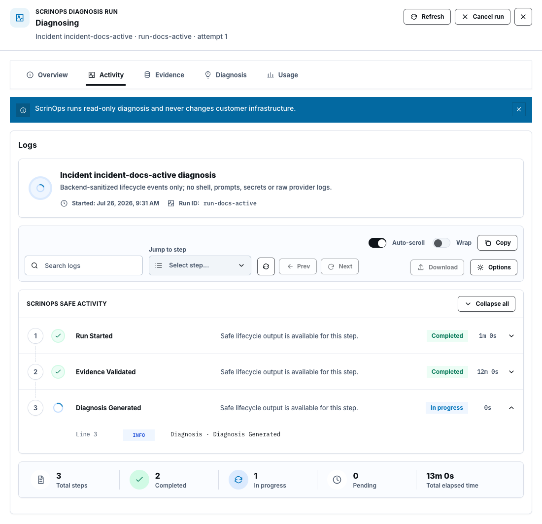 Synthetic ScrinOps diagnosis activity with completed safe lifecycle steps and no raw provider logs.