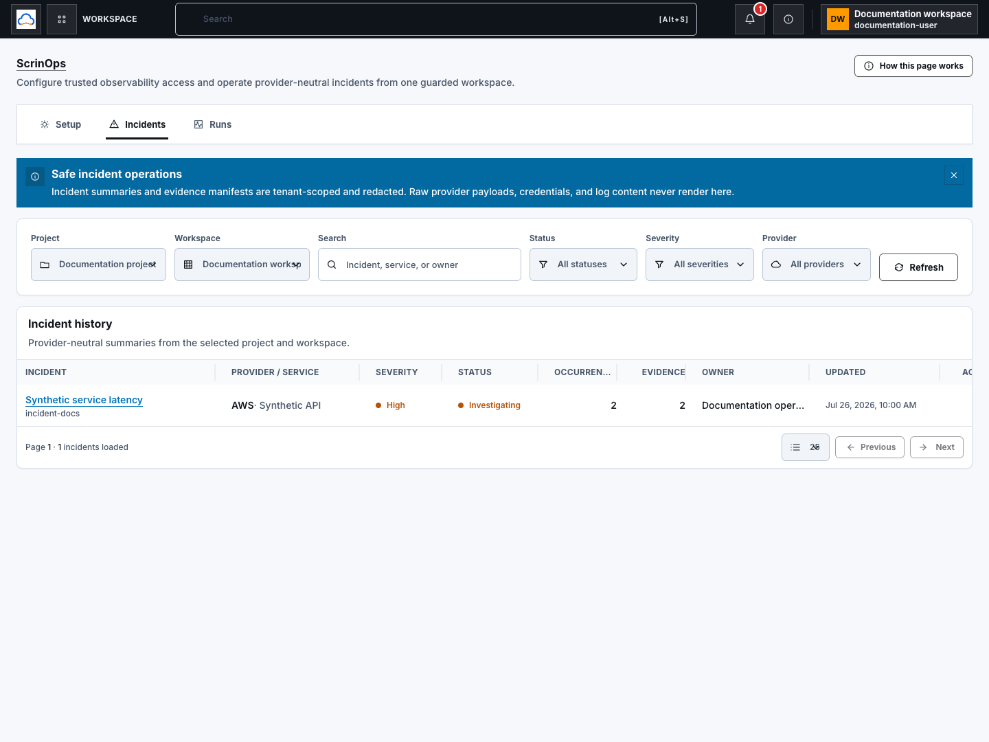 ScrinOps incident filter toolbar with synthetic project and workspace labels plus search, status, severity, provider, and refresh controls.