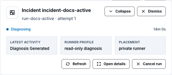 Synthetic active ScrinOps diagnosis dock showing Diagnosing status, safe activity, generic profile and placement, queue feedback, and read-only controls.