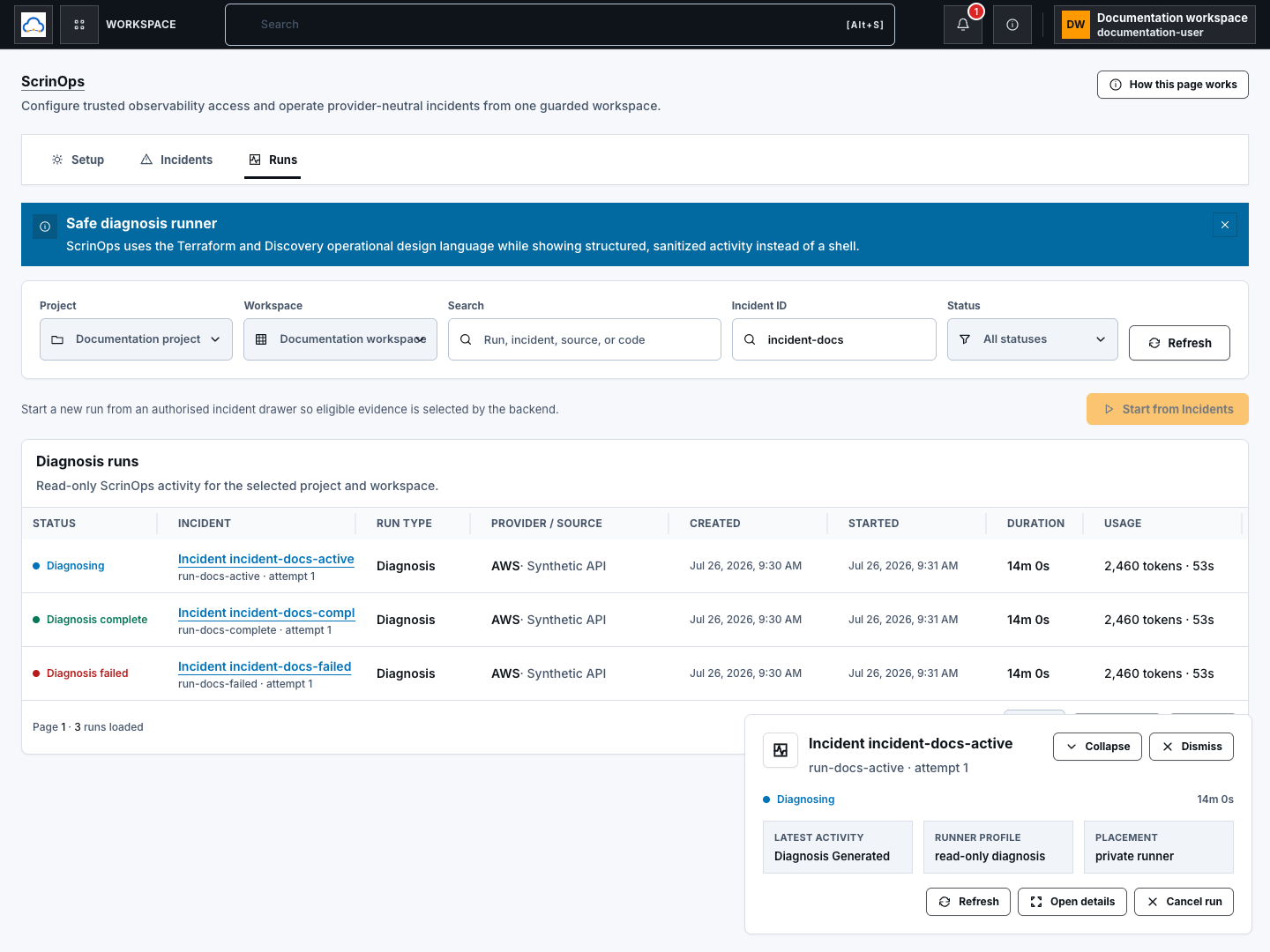 ScrinOps diagnosis run filter toolbar with project, workspace, search, incident, status, and refresh controls using synthetic labels.
