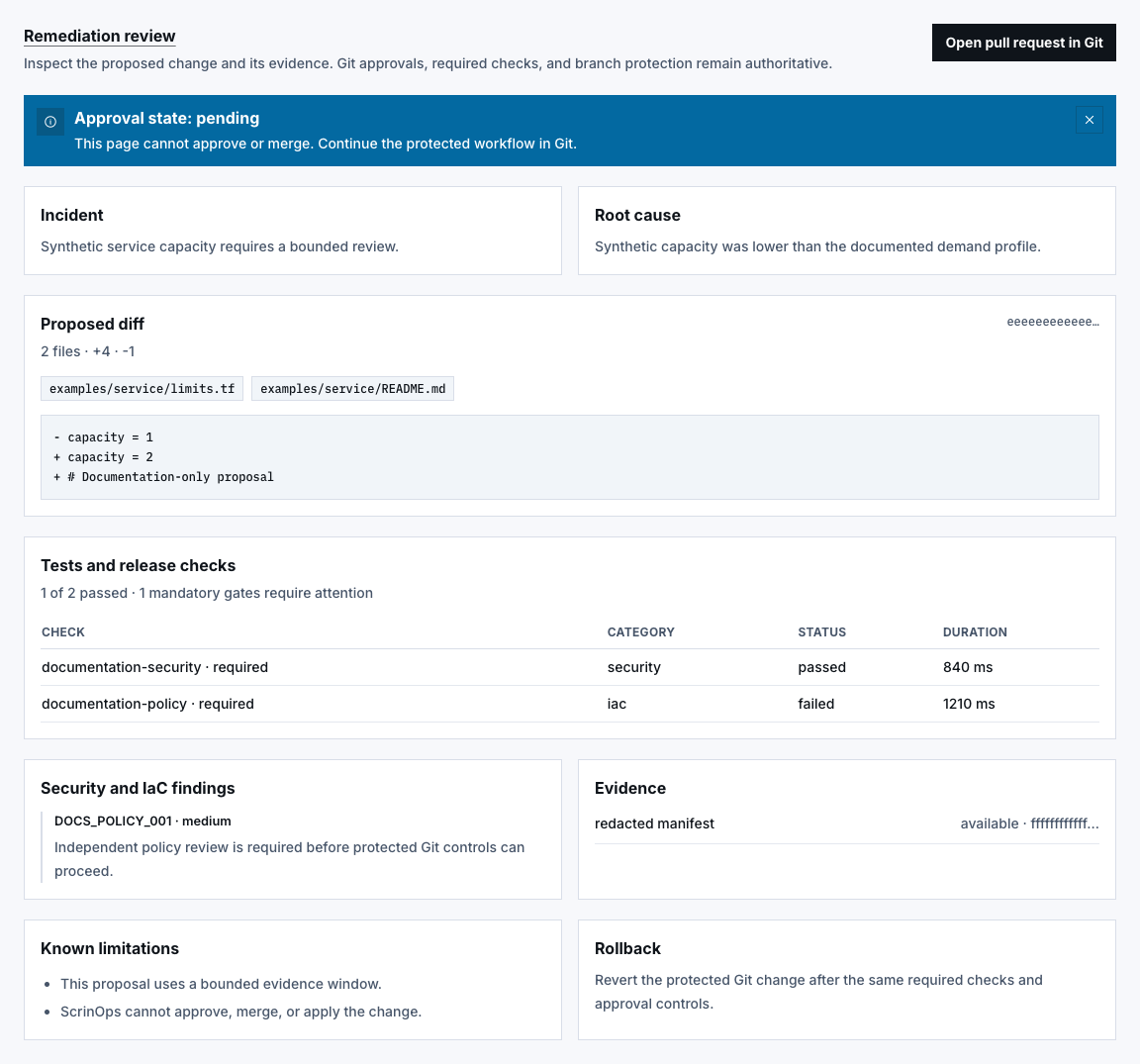 Synthetic remediation review with pending approval, safe change summary, and a Git handoff that cannot approve or merge from ScrinOps.