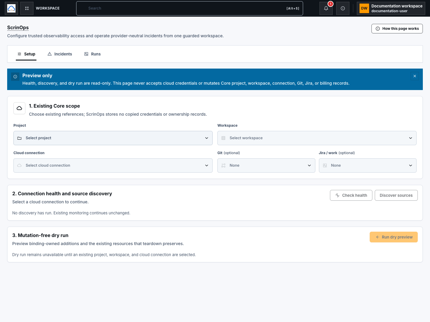 ScrinOps workspace with Setup selected and the Incidents and Runs sections visible.