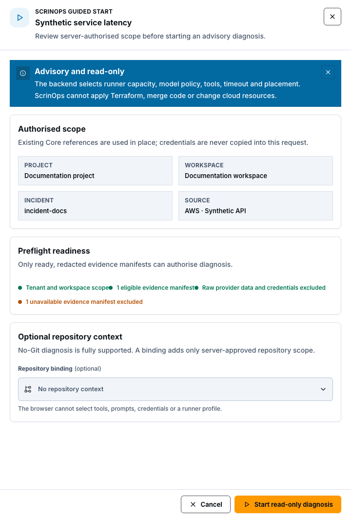 Synthetic ScrinOps guided start drawer with no repository context and an enabled Start read-only diagnosis control.