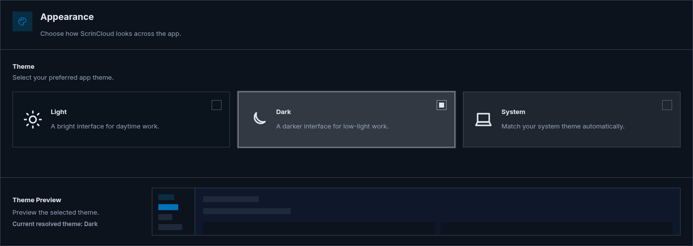 Appearance settings form with Light, Dark, and System theme cards and the Dark option selected