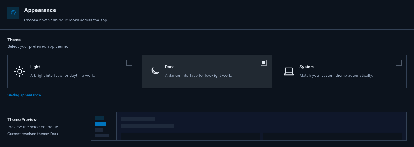 Appearance settings form showing the safe in-progress Saving appearance status
