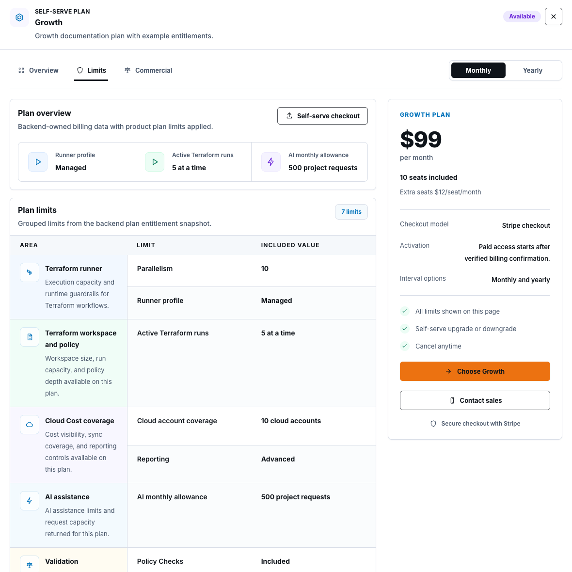 Growth plan detail drawer with safe self-serve checkout controls and the verified billing confirmation boundary before external checkout
