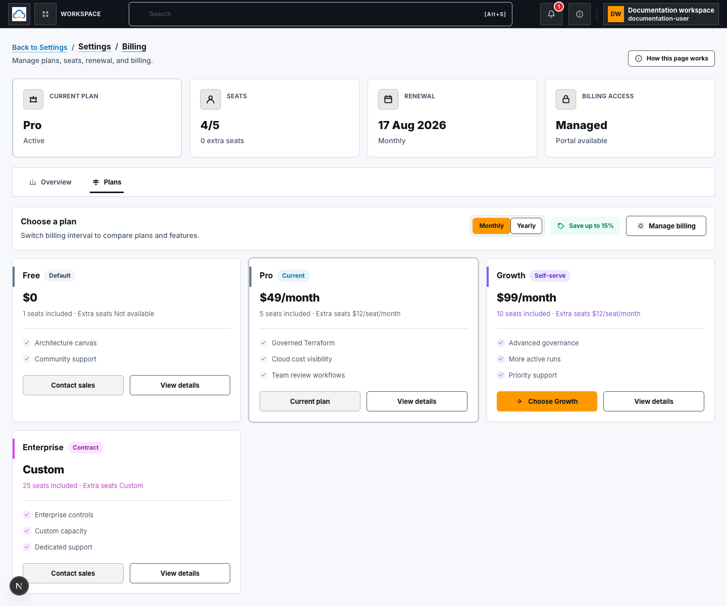Billing plan comparison with Monthly and Yearly controls plus synthetic Free, current Pro, self-serve Growth, and sales-assisted Enterprise plans