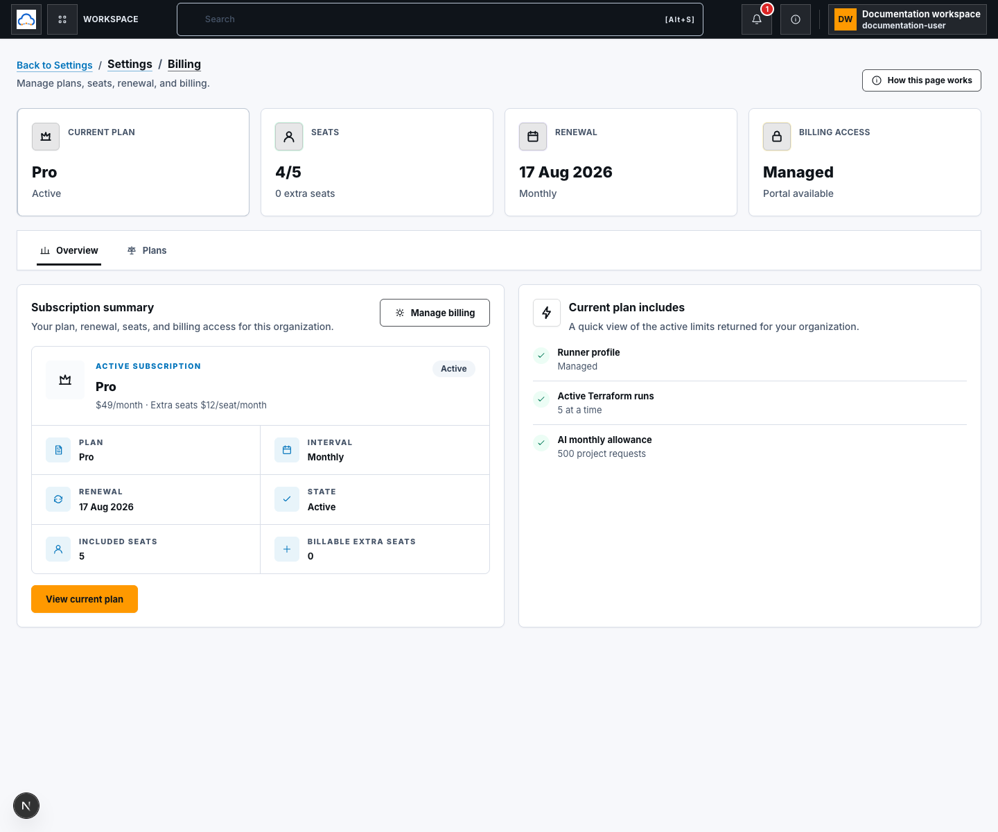 Billing Settings subscription summary with a synthetic Pro plan, monthly interval, active state, renewal summary, seat counts, and Manage billing control