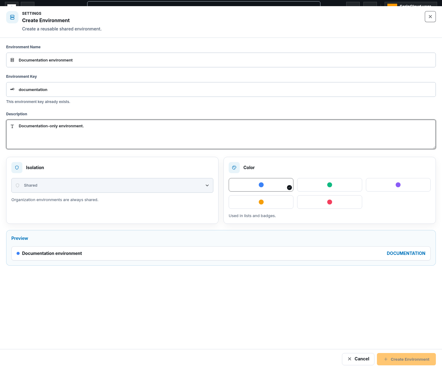 Create Environment drawer with Documentation environment name, documentation key, description, isolation, and color options