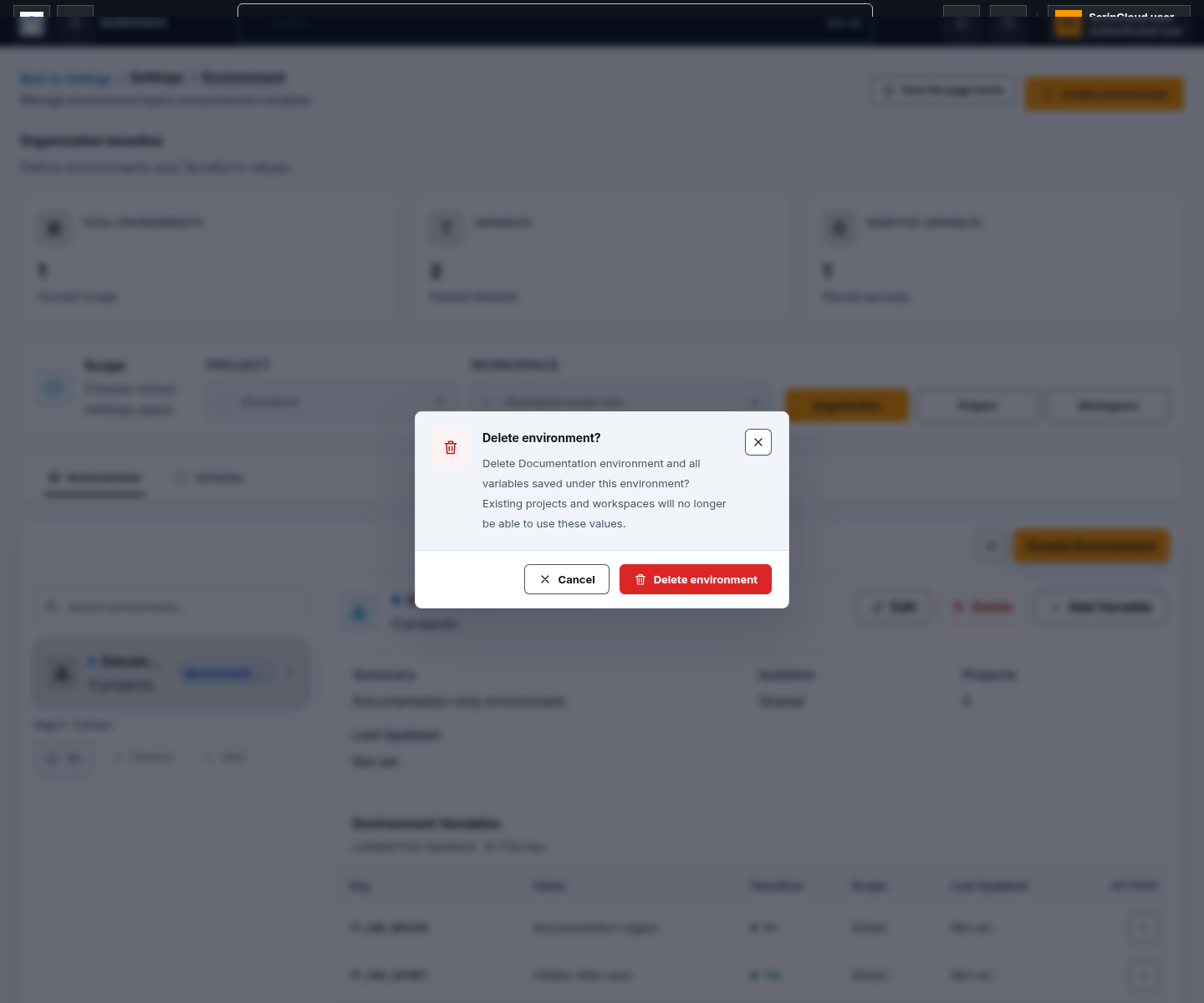 Delete environment confirmation for the documentation-only environment