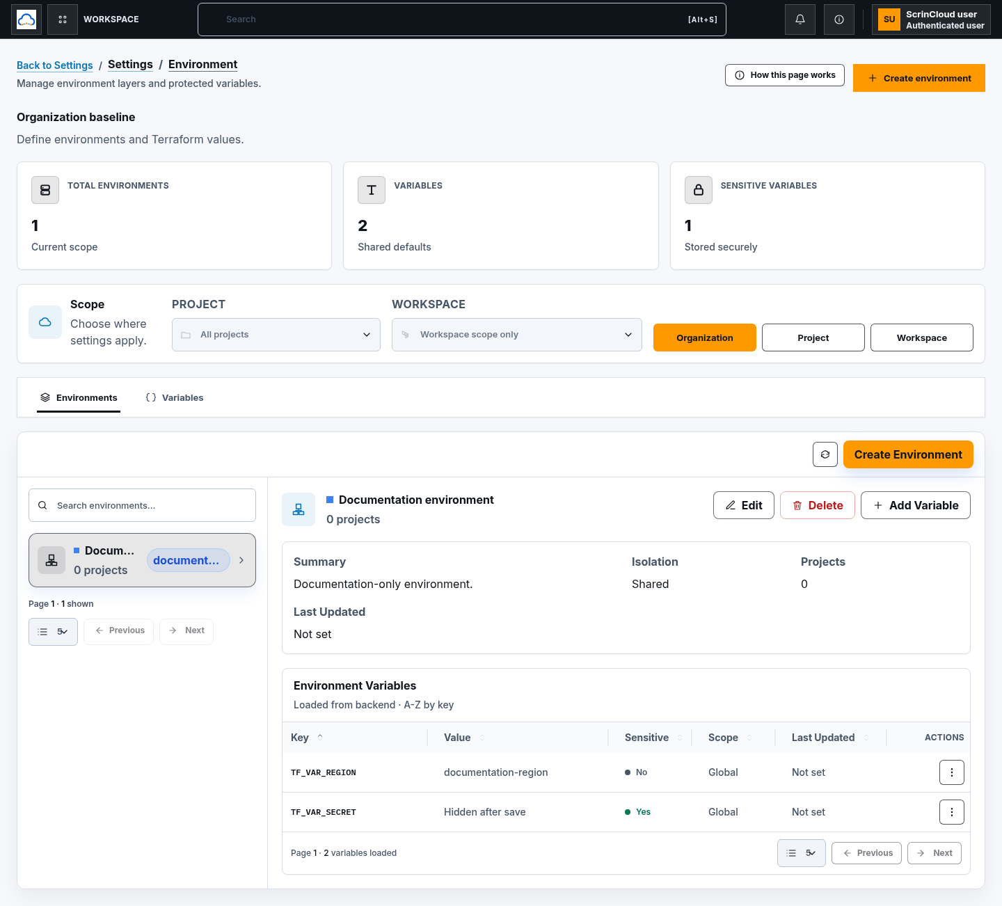 Environment Settings page showing Organization, Project, and Workspace scope controls with documentation-only environment variables