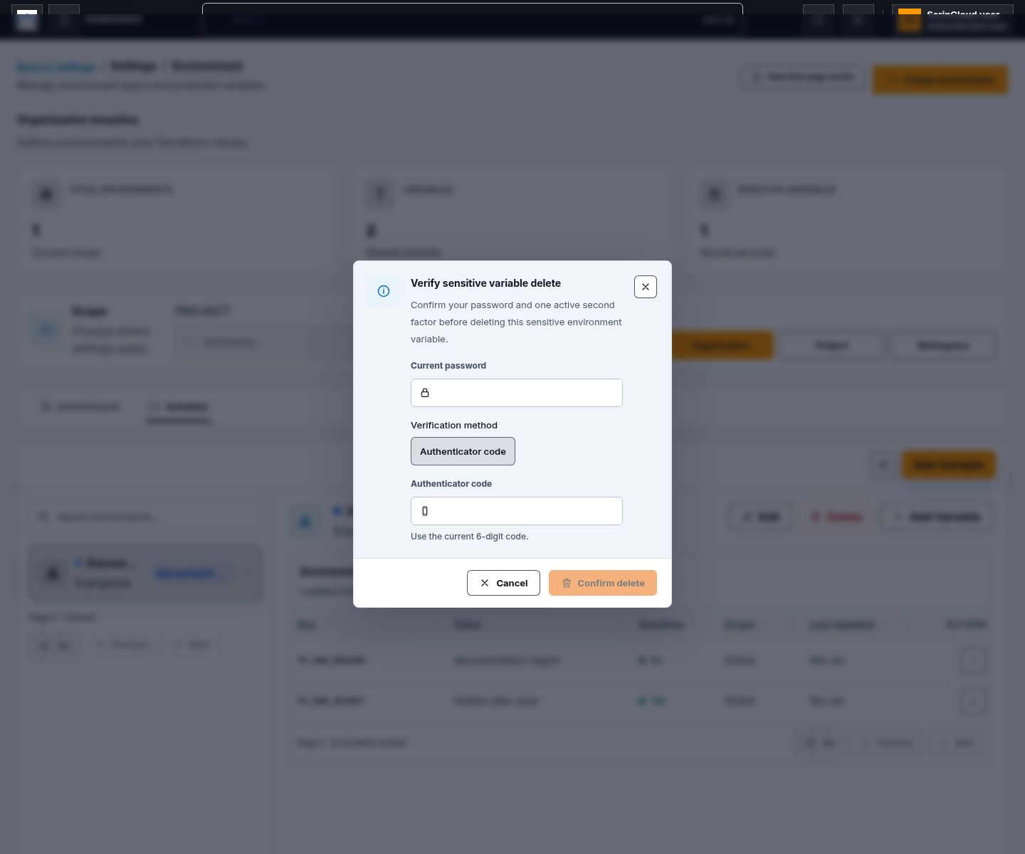 Empty protected verification dialog for deleting a sensitive environment variable, with no password or authenticator code entered