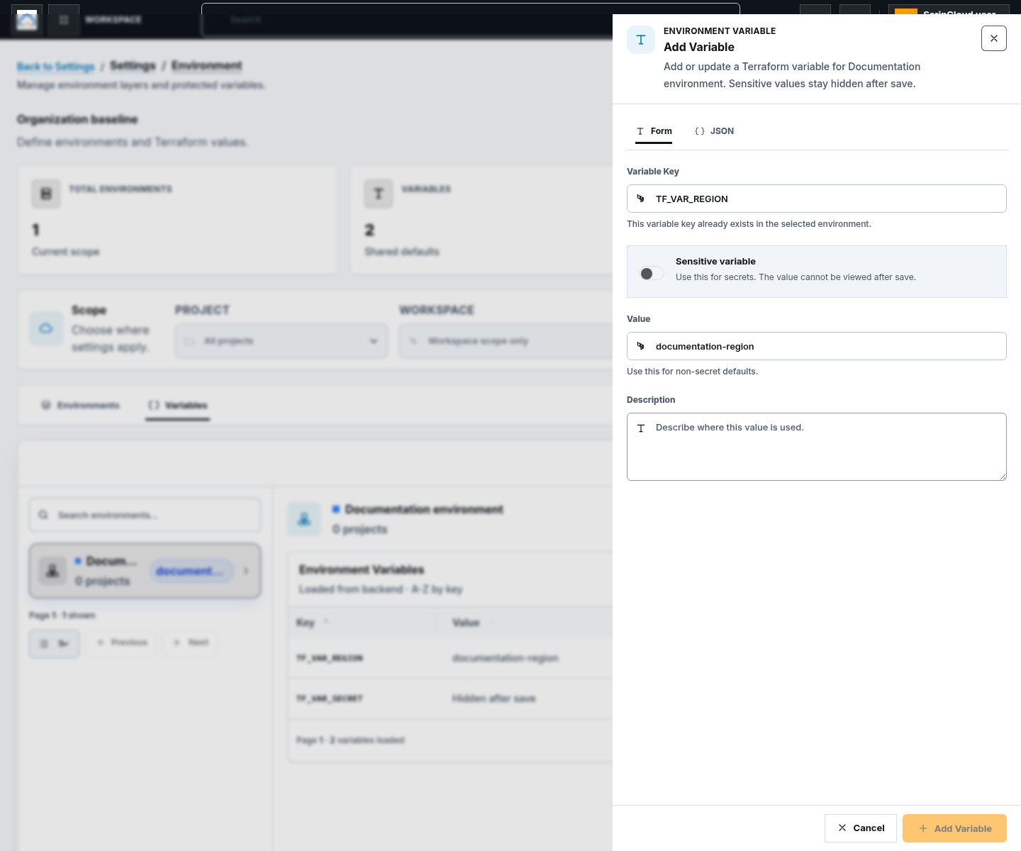 Add Variable drawer with Form and JSON tabs and the safe TF_VAR_REGION documentation-region value