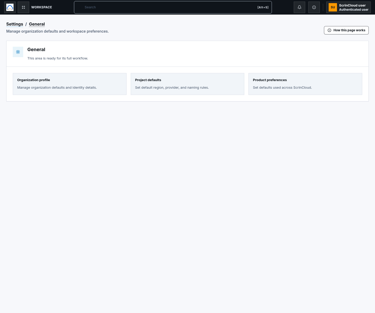 General Settings page with informational Organization profile, Project defaults, and Product preferences cards and no save control