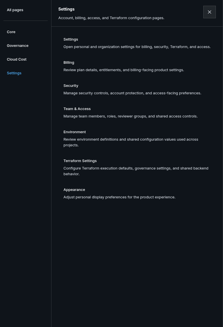 Workspace navigation dialog with the public Settings section selected and its six destinations listed