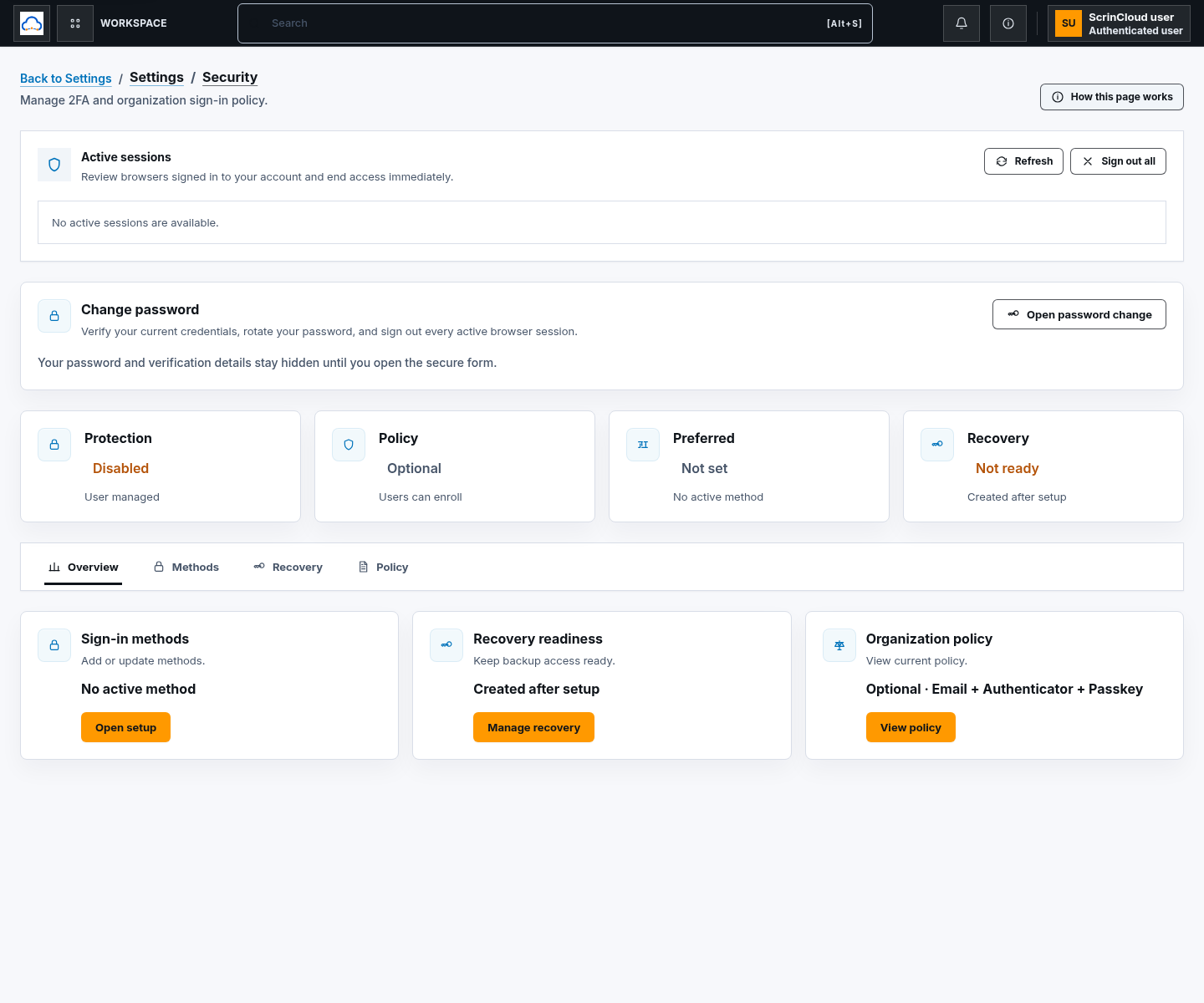 Security settings page with safe empty-session state and synthetic account-protection summary
