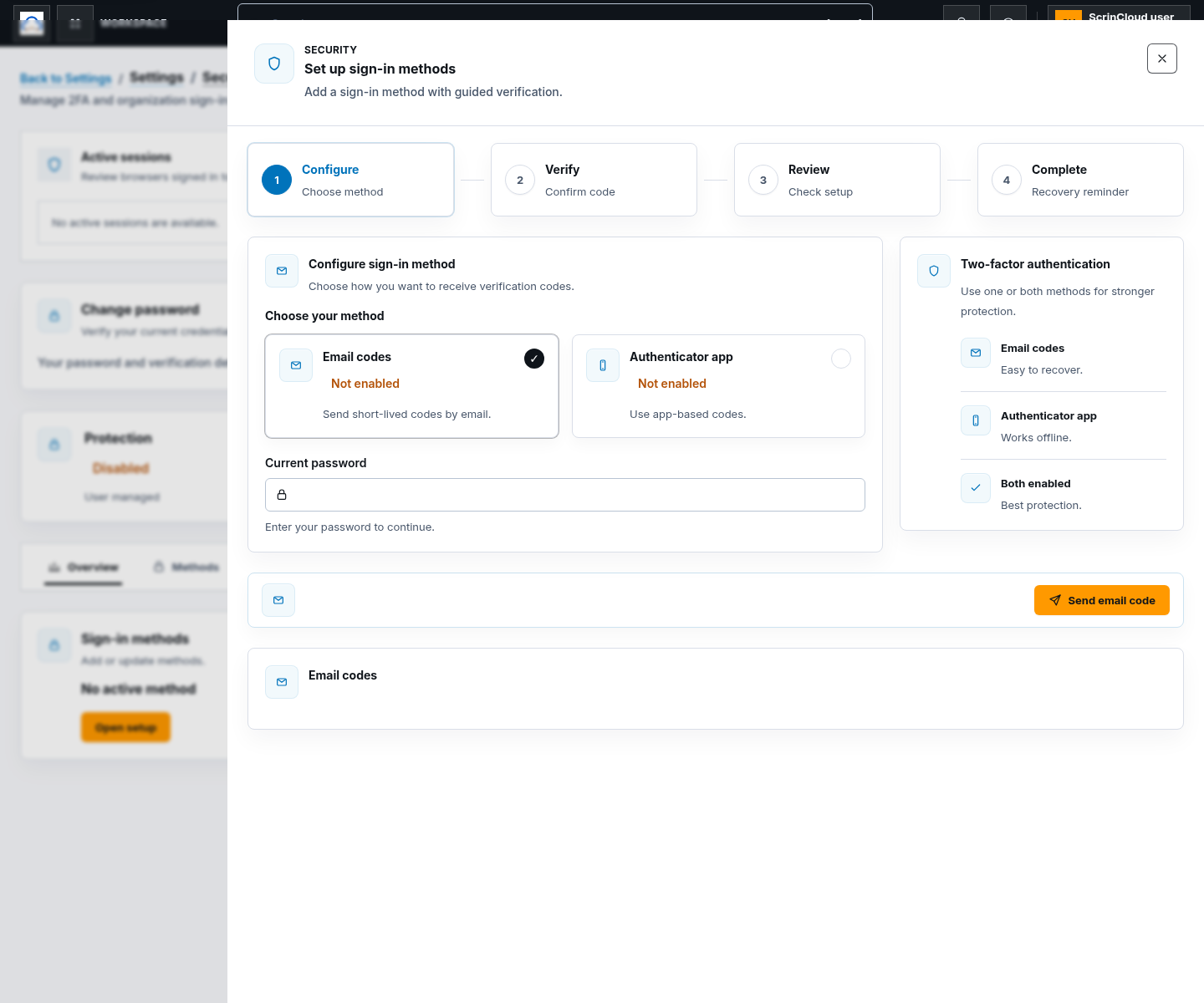 Set up sign-in methods drawer with safe Email codes and Authenticator app choices