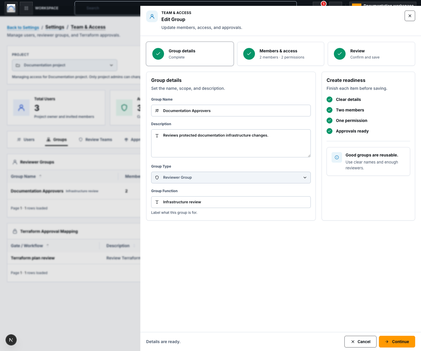Edit Group drawer for a synthetic documentation approval group over the Team and Access reviewer groups and Terraform Approval Mapping tables