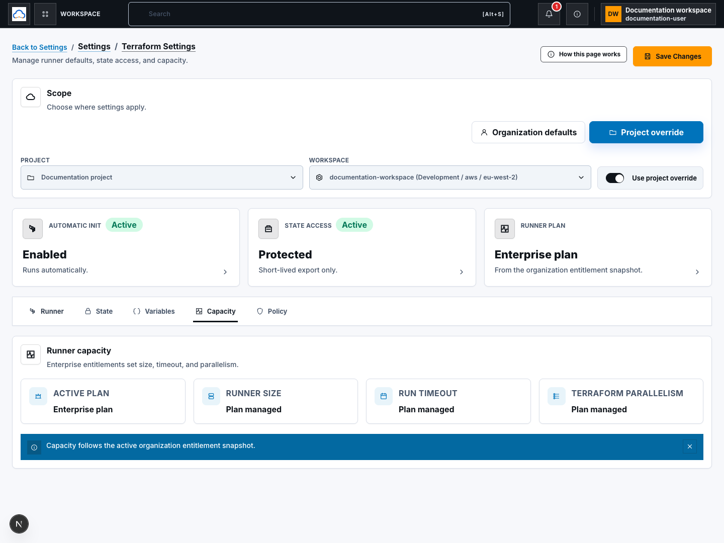 Terraform Settings Capacity tab with documentation-plan runner size, timeout, Terraform parallelism, and the visible Variables and Policy tabs