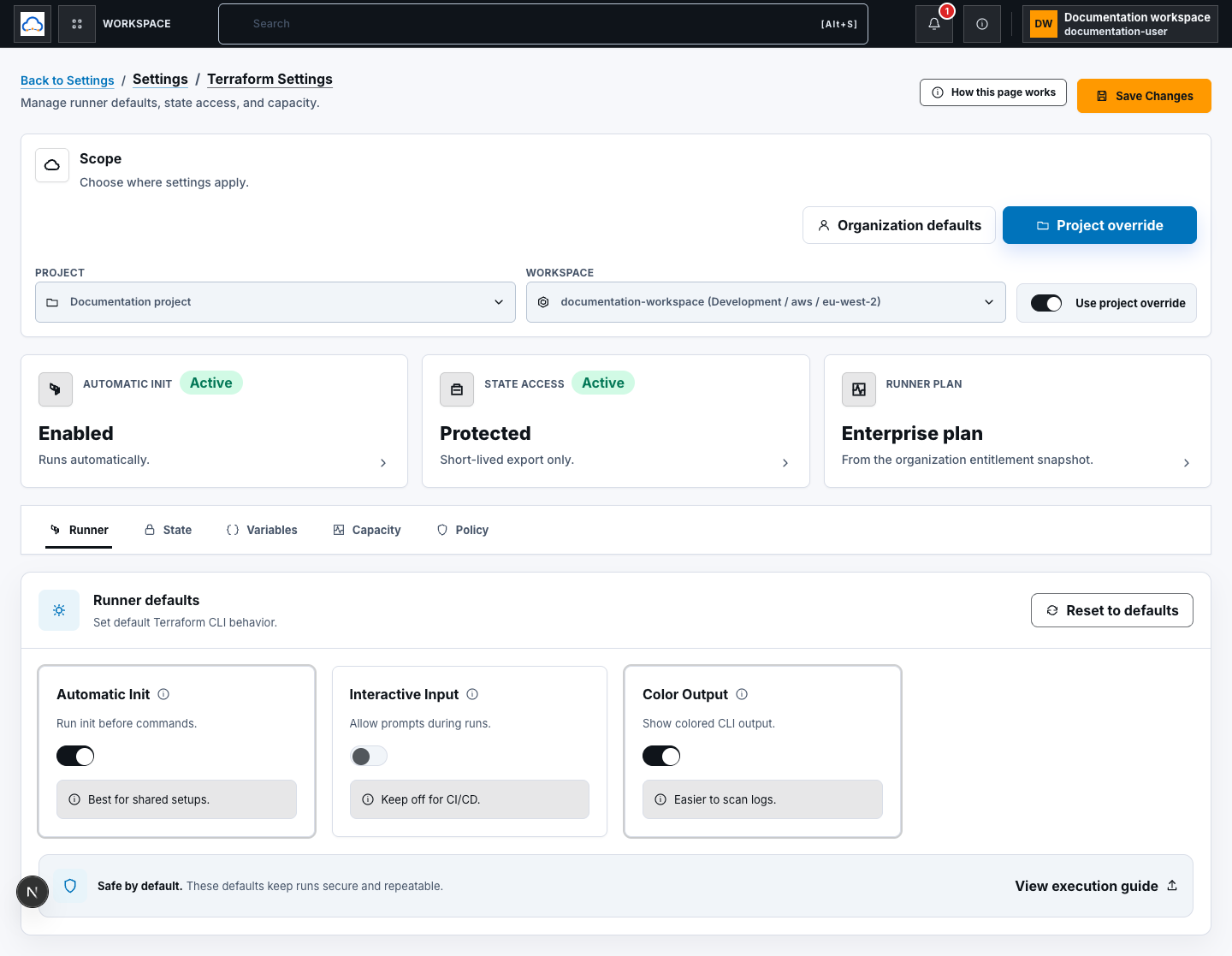 Terraform Settings project override view with synthetic Documentation project and workspace selectors plus the enabled Use project override toggle