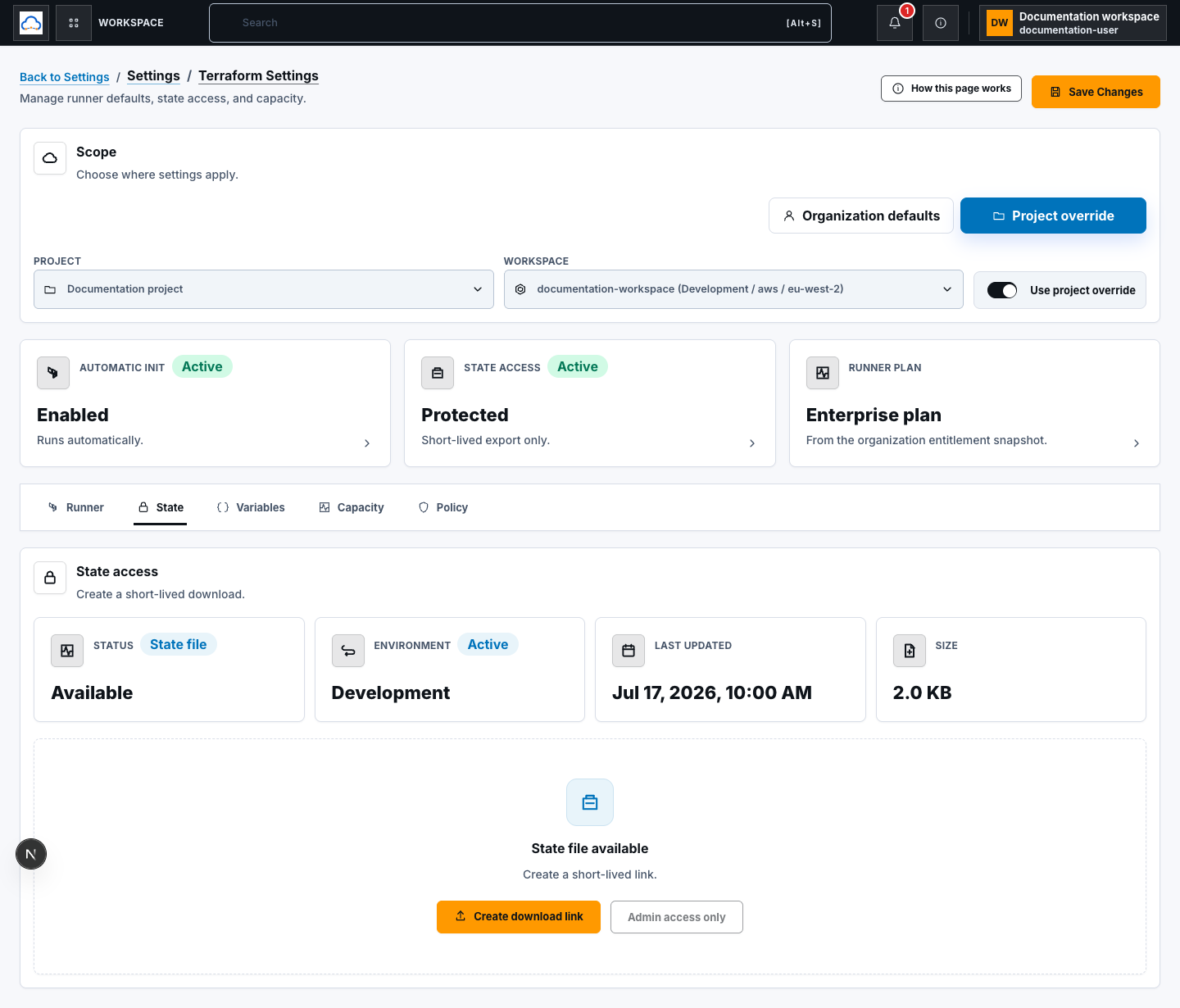 Terraform Settings State tab showing synthetic documentation state metadata and the Create download link control before any URL is generated