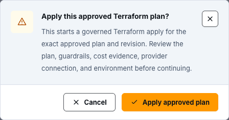 Synthetic confirmation dialog asking the reviewer to apply an approved Terraform plan.
