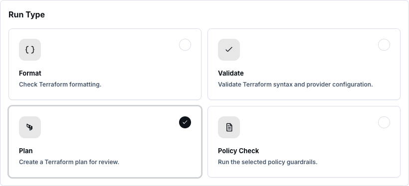 Synthetic Terraform run type choices with Plan selected and Format, Validate, and Policy Check available.