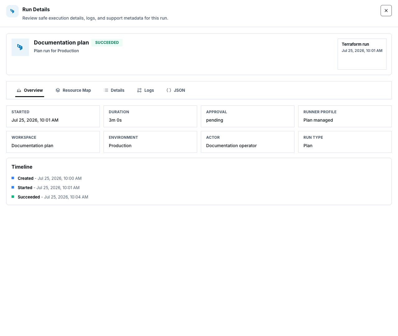 Synthetic successful Terraform plan summary with safe metadata and a short execution timeline.