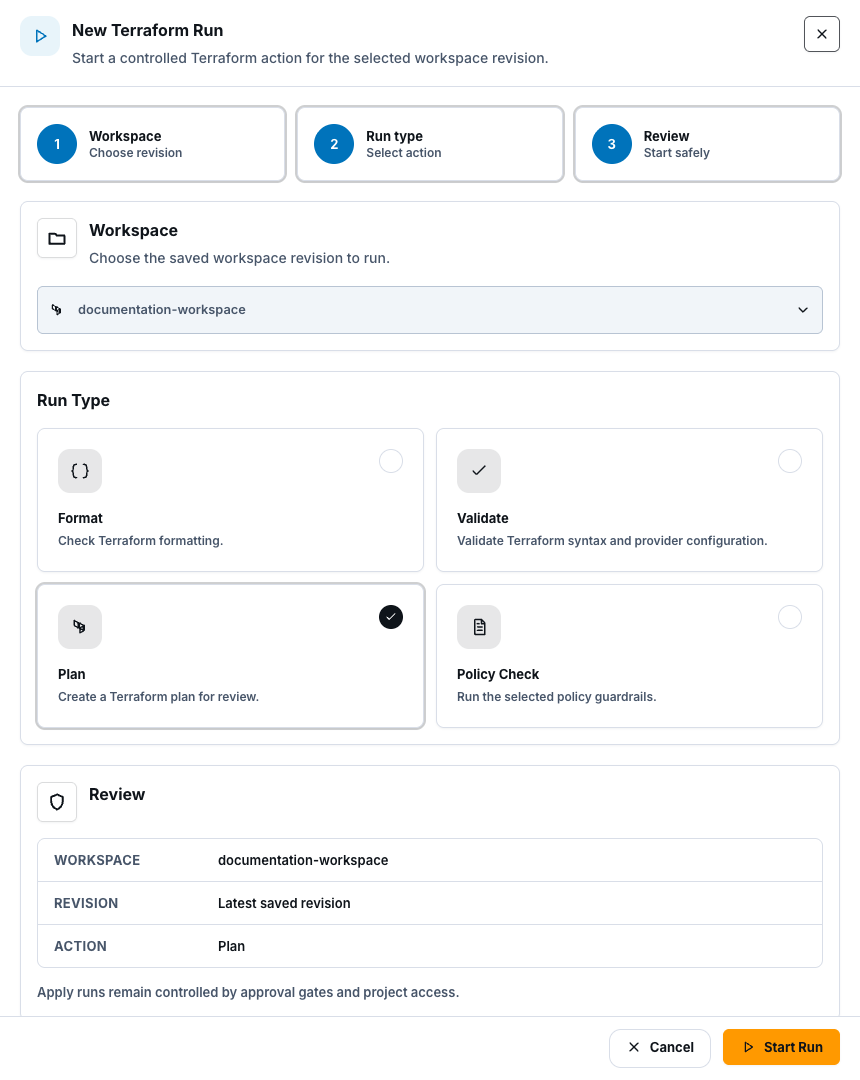 Synthetic New Terraform Run drawer showing the workspace, run type, and review stages for a saved revision.