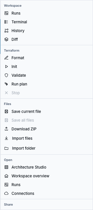 Terraform editor menu showing Format, Init, Validate, and Run plan controls before an action is started.